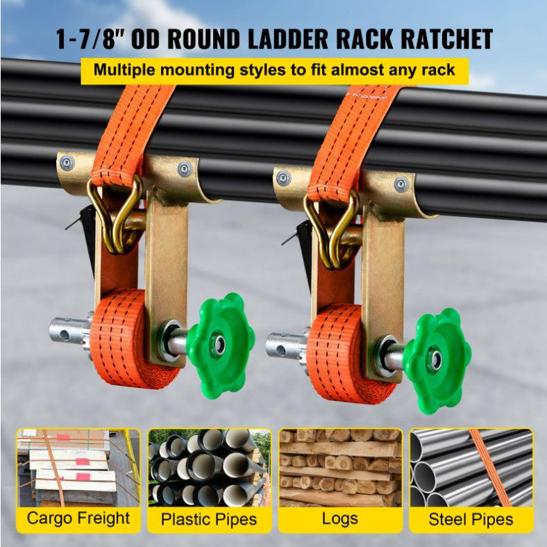 Rack Ratchet, 1000 LBS Load Capacity Tube Mount Ratchet, 9' Length Tie Down Straps Pipe Steel Mounting Frame, Compatible with Most Rack, 2 Pack (1-78 OD Round Pipe, Orange)